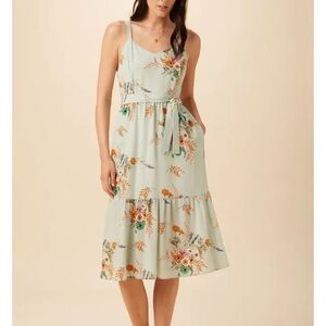 Amour Very Light Blue Silk Floral Print Sleeveless Dress Size Large